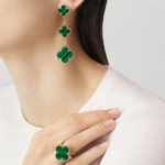 Gold Triple Clover Drop Earrings with Green Malachite - Image 2