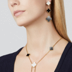 Gold Triple Clover Drop Earrings with Mother of Pearl and Onyx - Image 2