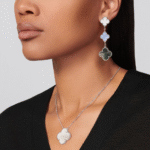 Gold Triple Clover Drop Earrings with Chalcedony and Mother of Pearl - Image 3